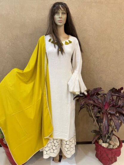 Cream Chiken Plazo Set with Dupatta - Image 3