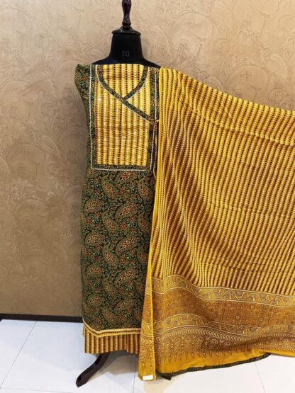 Paisley Angrakha Green Mustard Cotton Suit