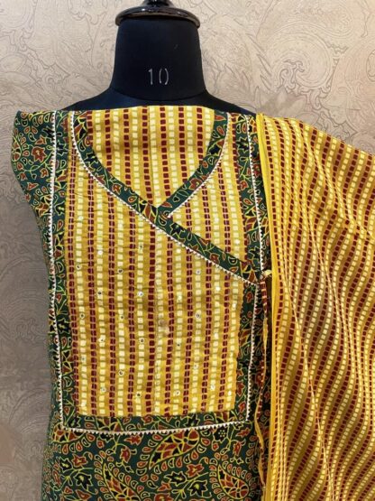 Paisley Angrakha Green Mustard Cotton Suit - Image 3